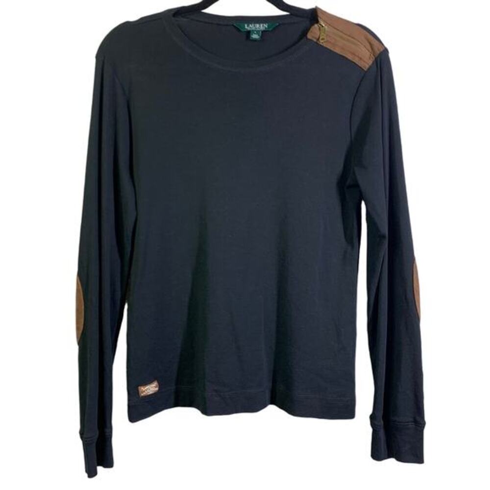 LAUREN RALPH LAUREN Top Blouse Crew Neck Faux Suede‎ Elbow Patches Shoulder Zip